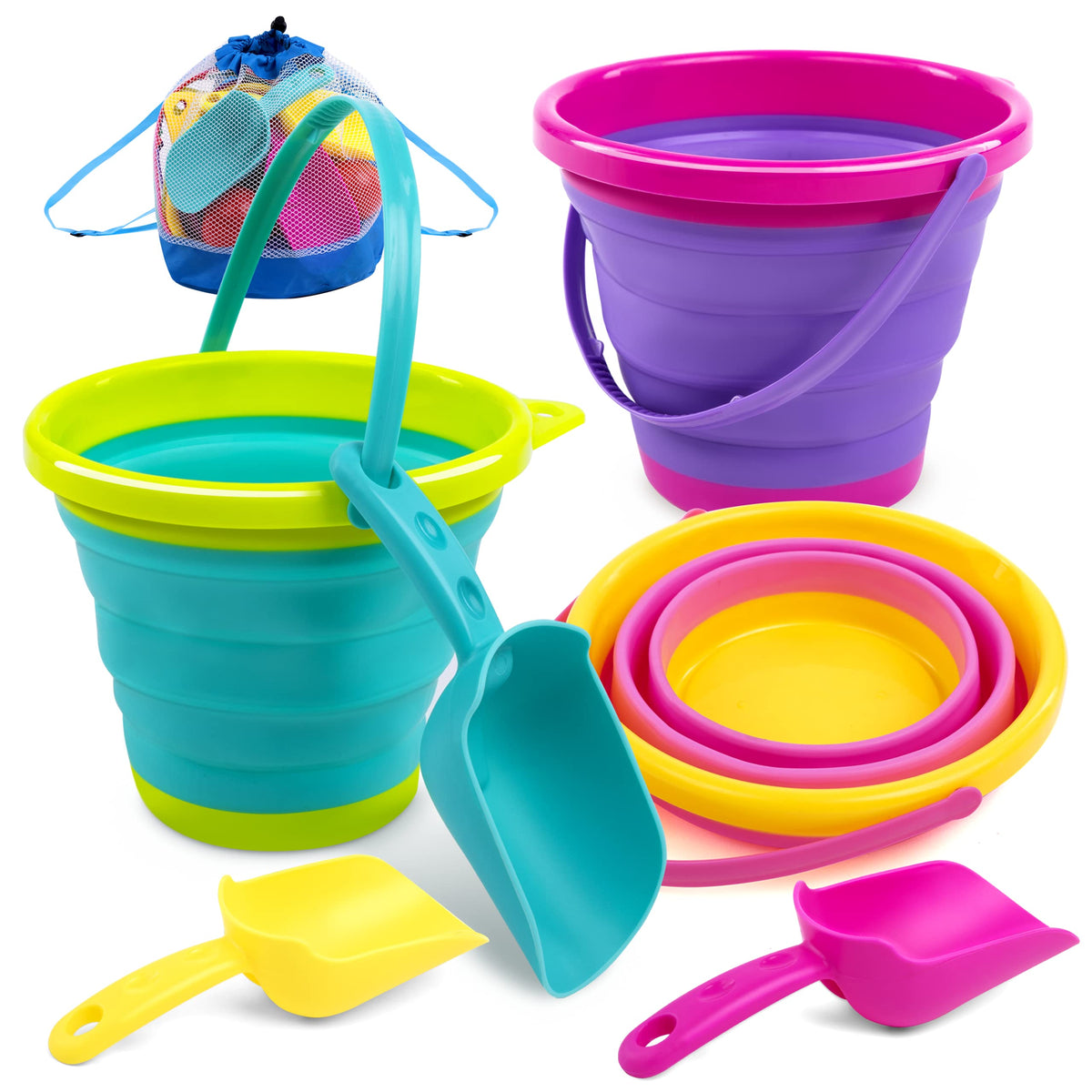 Foldable Beach Bucket Set - 3 Packs Collapsible Toy Buckets with Shovels and Mesh Backpack for Kids Toddlers Party, Camping Gear, Travelling, Fishing Water Pail (Pink/Purple/Green)