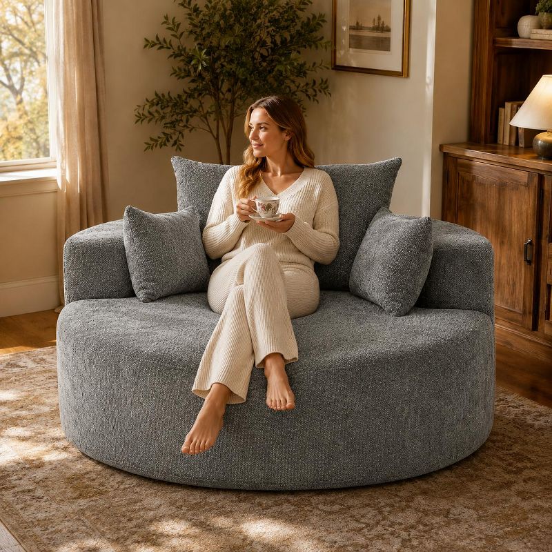 55" Chenille Single Sofa with Armrest & 3 Pillows, Modern Fluffy Sleeper Chair with No Assembly Required for Living Room, Bedroom and Lounge Seating