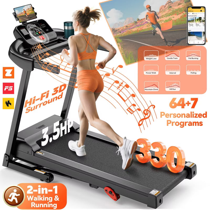 Folding Treadmill w/ Incline, 3.5HP Treadmill for Home w/ 330lb Capacity, 71 Programs