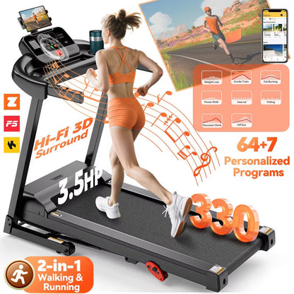 Folding Treadmill w/ Incline, 3.5HP Treadmill for Home w/ 330lb Capacity, 71 Programs