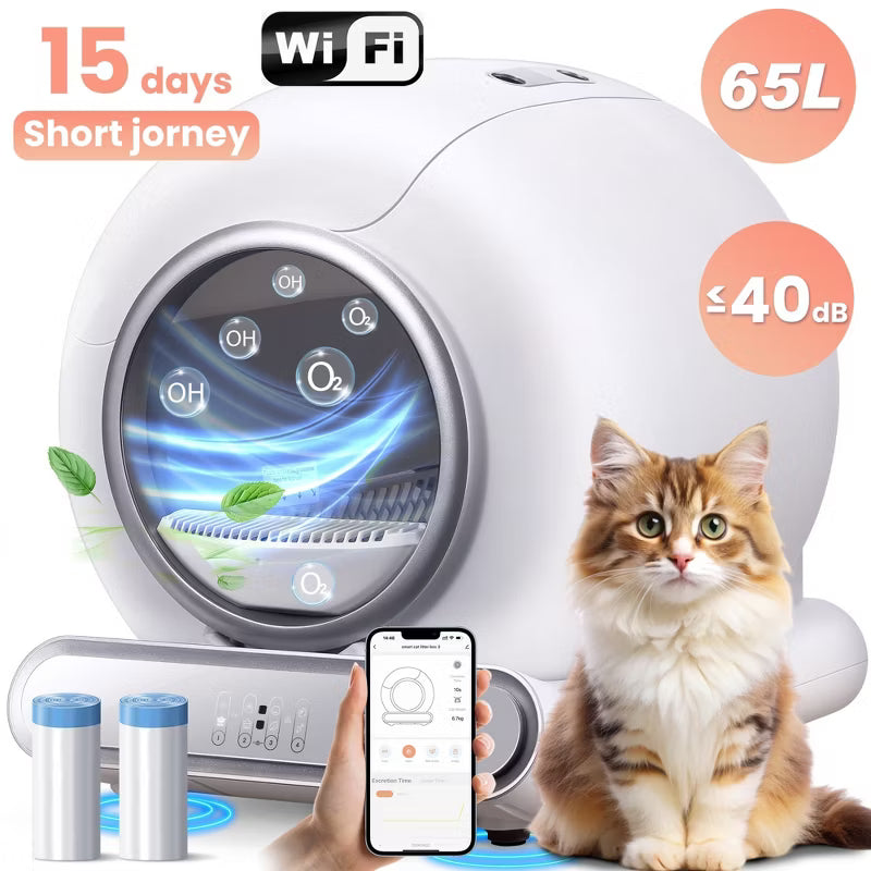 Self Cleaning Litter Box, 65 L+9L Automatic Cat Litter Box Self Cleaning for Multiple Cats, with Safety Protection, App Control,2 Roll Garbage Bags