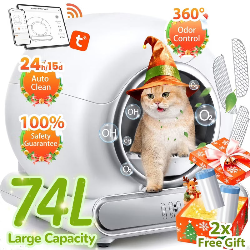 Self Cleaning Cat Litter Box, Automatic Litter Box with APP Control, Odor Removal, Safety Protection, 65L+9L Large Capacity, Litter Box with 2 Liners