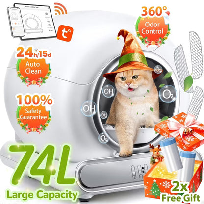 Self Cleaning Cat Litter Box, Automatic Litter Box with APP Control, Odor Removal, Safety Protection, 65L+9L Large Capacity, Litter Box with 2 Liners