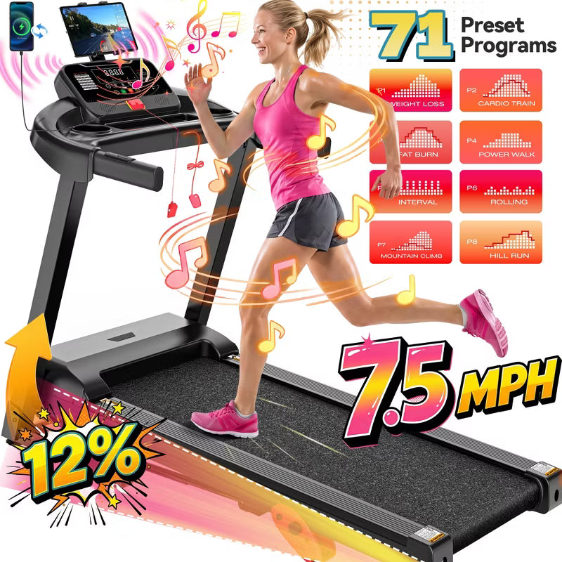 Folding Electric Treadmill for Home,3.5HP Quiet Brushless Home Treadmill w/ Incline,7.5MPH,6 LCD Screens,71 Programs,Treadmill with Heart Rate Sensor