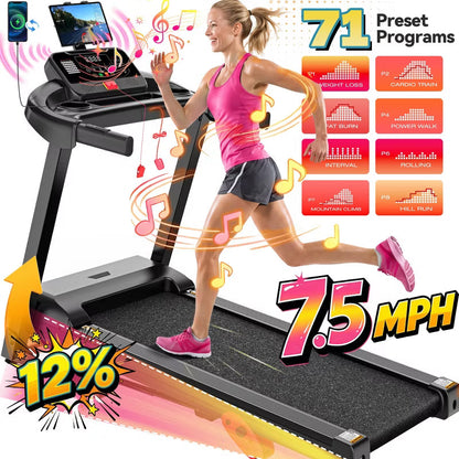 Folding Electric Treadmill for Home,3.5HP Quiet Brushless Home Treadmill w/ Incline,7.5MPH,6 LCD Screens,71 Programs,Treadmill with Heart Rate Sensor