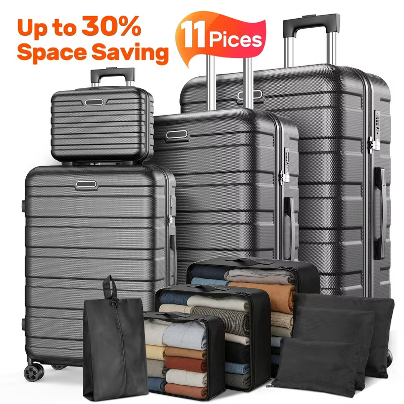 11-Piece Luggage Set: 4 Hardside Suitcases + 7 Packing Cubes, 360° Spinner Wheels, Password Lock,Nested Storage Design,Carry On Travel Set for Family