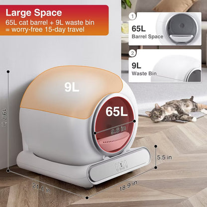 Self Cleaning Cat Litter Box, Automatic Litter Box with APP Control, Odor Removal, Safety Protection, 65L+9L Large Capacity, Litter Box with 2 Liners