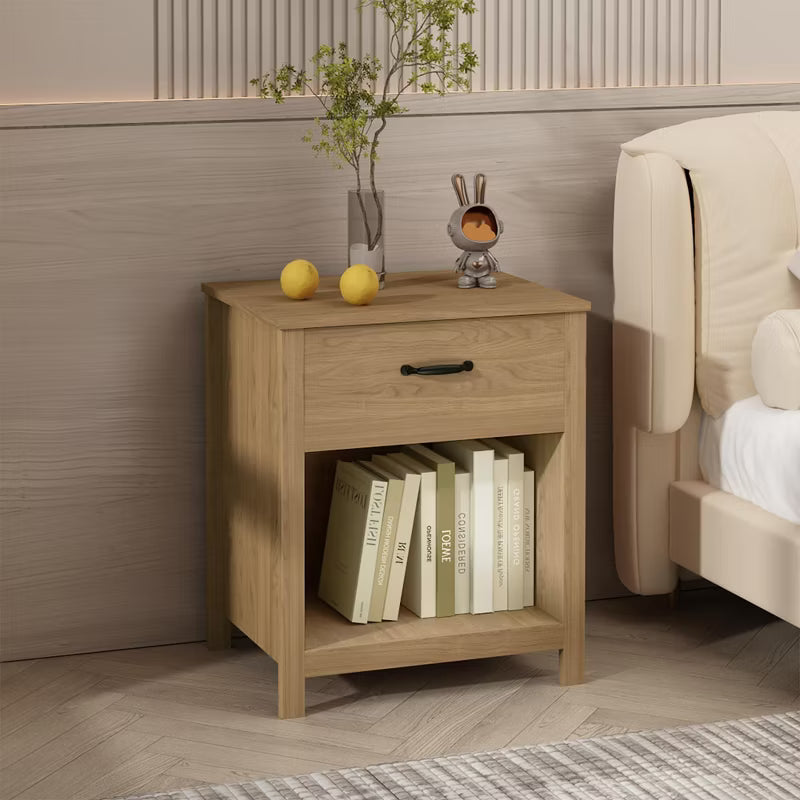 Modern Wood Nightstand with Drawer and Open Shelf, Bedside Table for Dorm Decor, Apartment & Bedroom, Natural Brown Storage End Table