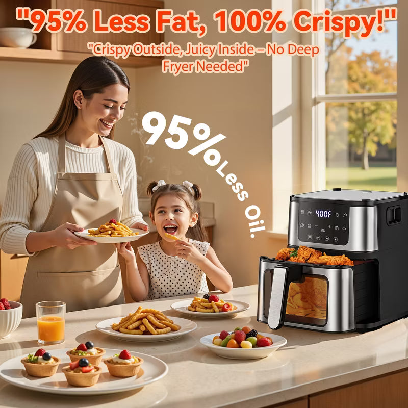 2-in-1 Air Fryer Grill, Famistar 7.5 QT Large Capacity, Clear Window, 8 Presets, Healthy Low-Oil Meals, Electric Grill for Family