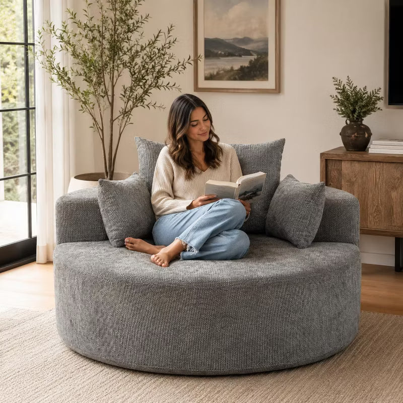 55" Chenille Single Sofa with Armrest & 3 Pillows, Modern Fluffy Sleeper Chair with No Assembly Required for Living Room, Bedroom and Lounge Seating