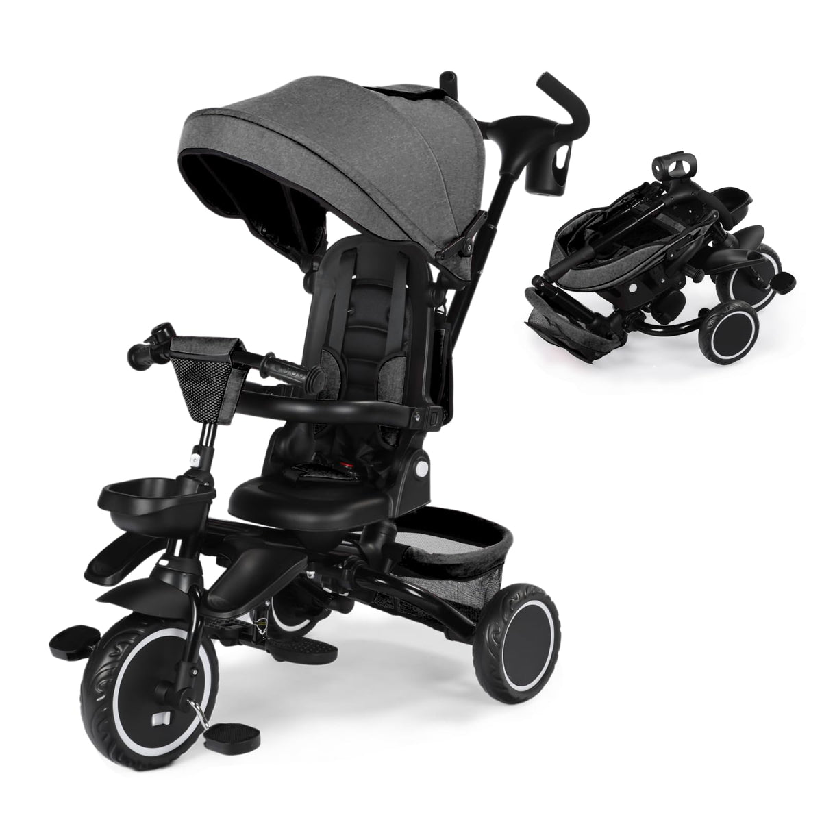 Kinder King Kids Tricycle, 8 in 1 Folding Toddler Trike w/Adjustable Push Handle, Rotatable Seat, Adjustable Canopy, Bell, Five-Point Harness, Storage, Bike Tricycle for Toddlers 1-3, Grey