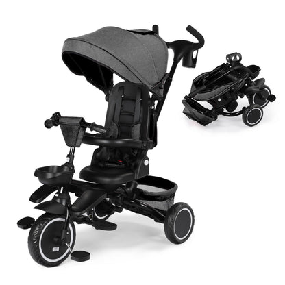 Kinder King Kids Tricycle, 8 in 1 Folding Toddler Trike w/Adjustable Push Handle, Rotatable Seat, Adjustable Canopy, Bell, Five-Point Harness, Storage, Bike Tricycle for Toddlers 1-3, Grey