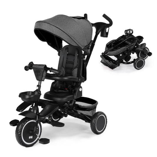 Kinder King Kids Tricycle, 8 in 1 Folding Toddler Trike w/Adjustable Push Handle, Rotatable Seat, Adjustable Canopy, Bell, Five-Point Harness, Storage, Bike Tricycle for Toddlers 1-3, Grey