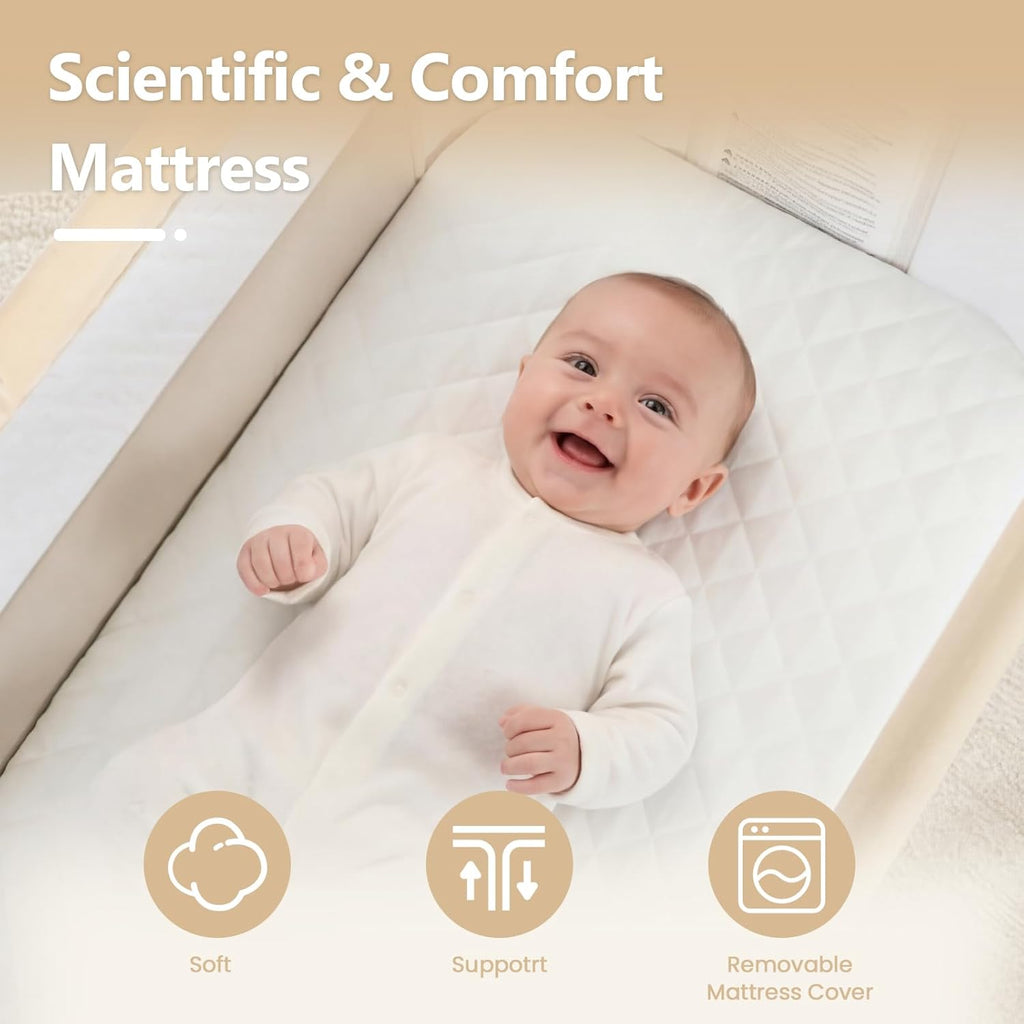 Baby Bassinet Bedside Sleeper, Newborn Baby Bedside Crib w/Wheels, All-Sided Mesh, Adjustable Height, Removable Soft Mattress, No Tool to Assemble, Beige