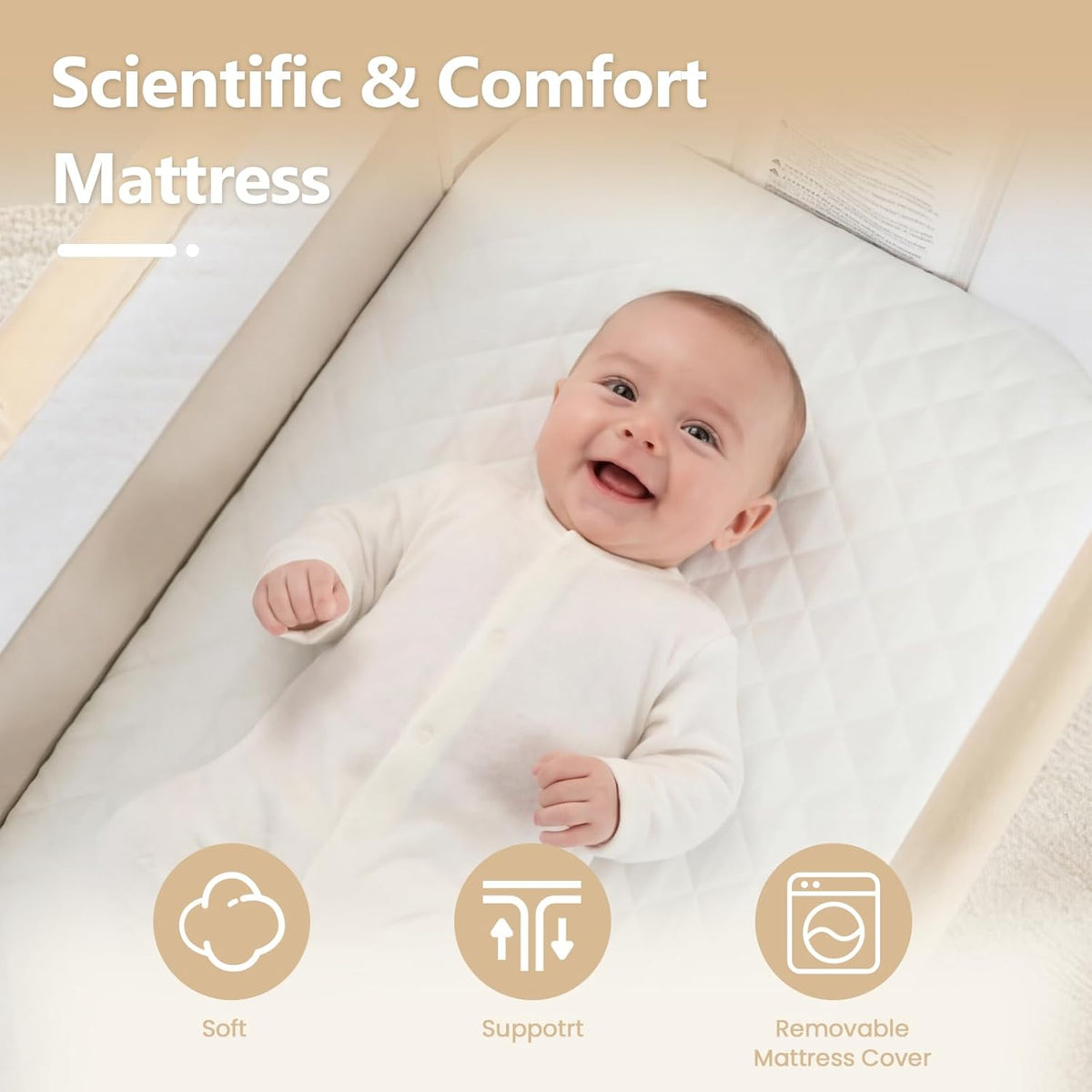 Baby Bassinet Bedside Sleeper, Newborn Baby Bedside Crib w/Wheels, All-Sided Mesh, Adjustable Height, Removable Soft Mattress, No Tool to Assemble, Beige