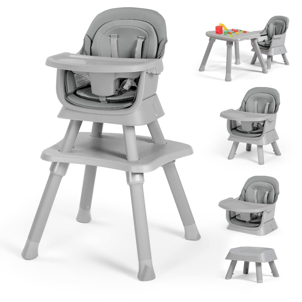 Kinder King Baby High Chair, 8 in 1 Coverts to Dining Booster Seat/Kids Table & Chair Set/Toddler Building Block Table/Kids Stool, Removable Tray & Double Seat Cover, Easy to Wipe, Grey