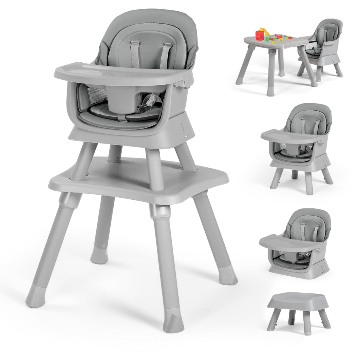 Kinder King Baby High Chair, 8 in 1 Coverts to Dining Booster Seat/Kids Table & Chair Set/Toddler Building Block Table/Kids Stool, Removable Tray & Double Seat Cover, Easy to Wipe, Grey
