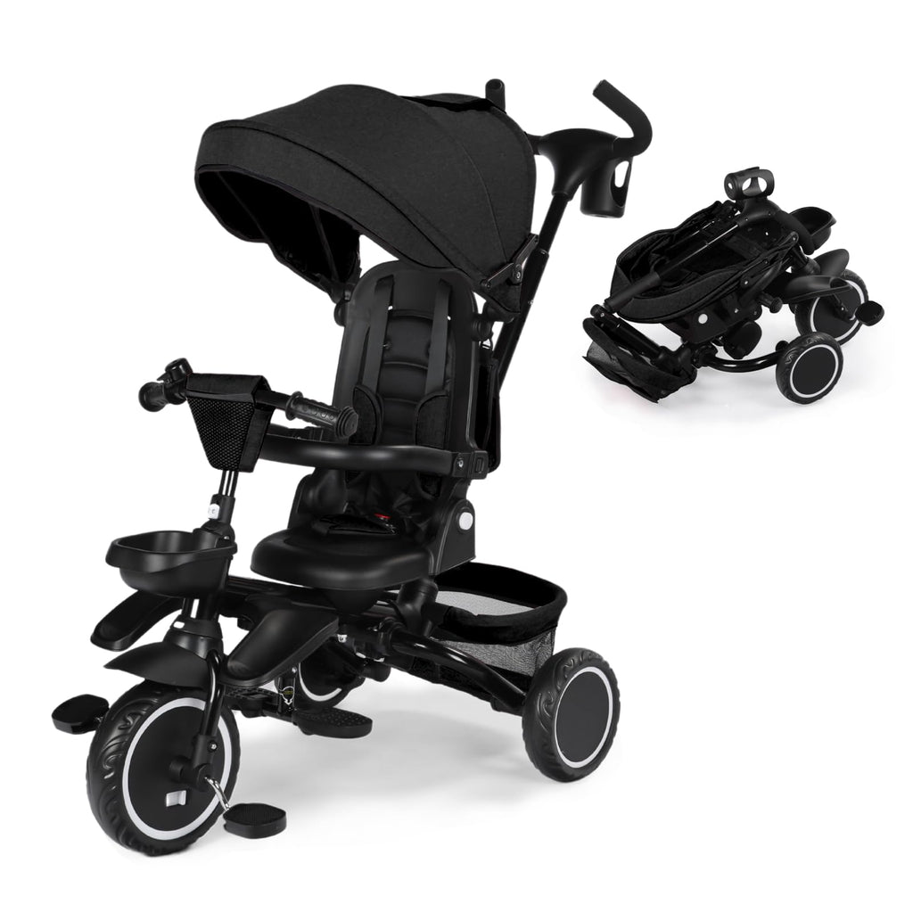 Kinder King Kids Tricycle, 8 in 1 Folding Toddler Trike w/Adjustable Push Handle, Rotatable Seat, Adjustable Canopy, Bell, Five-Point Harness, Storage, Bike Tricycle for Toddlers 1-3, Black
