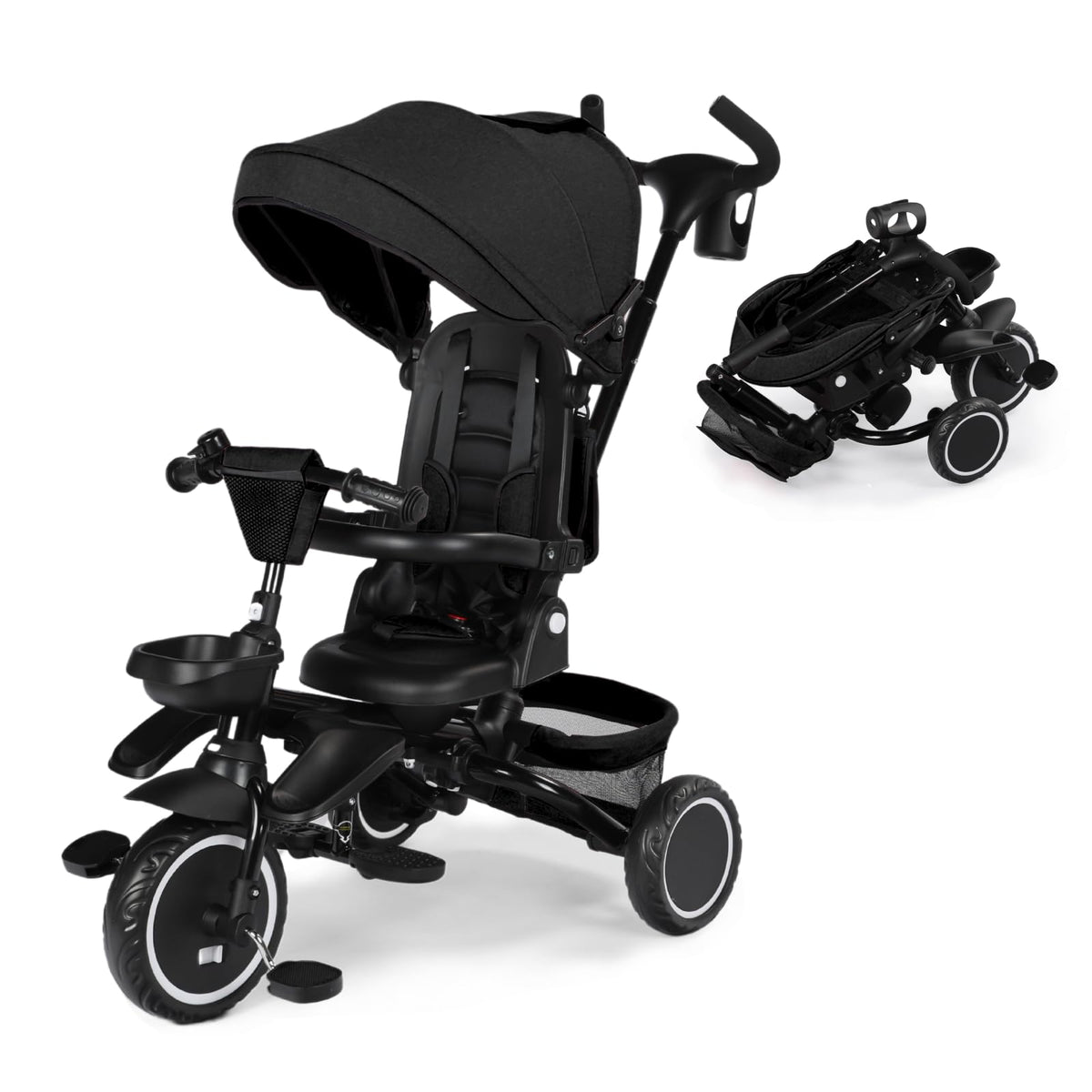 Kinder King Kids Tricycle, 8 in 1 Folding Toddler Trike w/Adjustable Push Handle, Rotatable Seat, Adjustable Canopy, Bell, Five-Point Harness, Storage, Bike Tricycle for Toddlers 1-3, Black