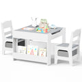 Kinder King Kids Wood Table & 2 Chairs Set, 4 in 1 Children Activity Table w/Double Bookcase, Blackboard, Toddler Furniture Set for Art, Crafts, Drawing, Reading, Playroom, Grey