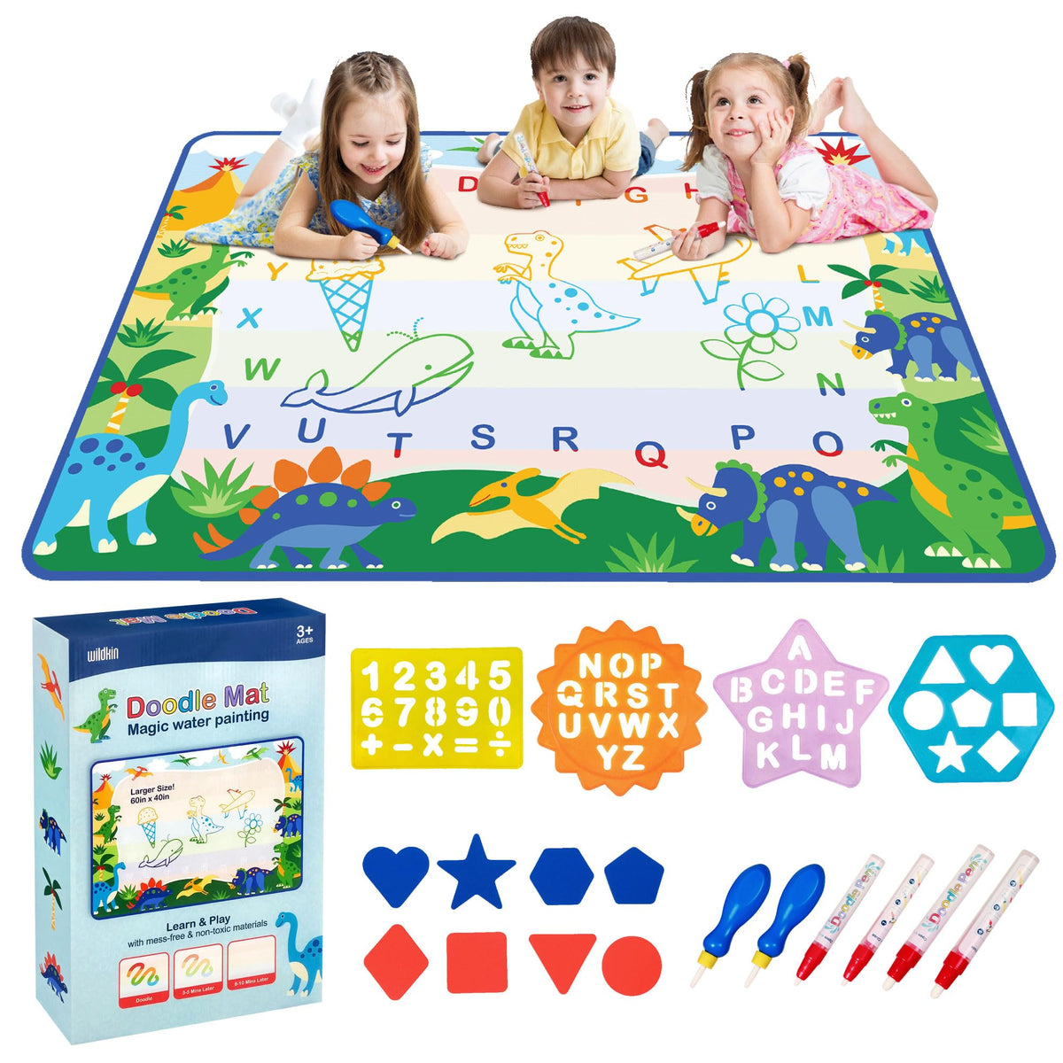 Doodle Mat ¨C Extra Large 60 x 42 Inch Water Drawing Mat for Kids, Educational Learning Toy with Letters & Numbers, Mess-Free Coloring for Toddlers & Preschoolers (Dinosaur Land)