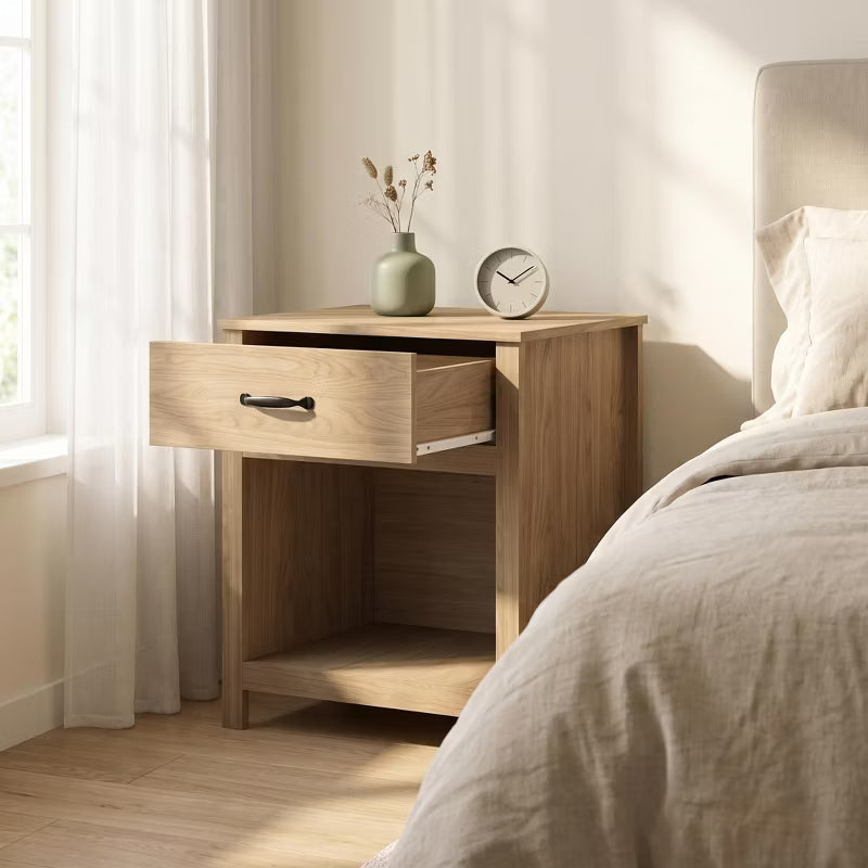 Modern Wood Nightstand with Drawer and Open Shelf, Bedside Table for Dorm Decor, Apartment & Bedroom, Natural Brown Storage End Table