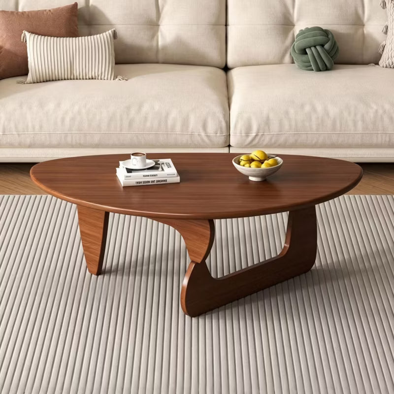 34 Inch Oval Coffee Table Mid Century Modern Walnut Wood Cocktail Table with Triangular Base for Living Room Apartment
