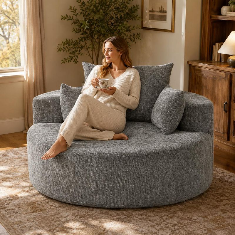 55" Chenille Single Sofa with Armrest & 3 Pillows, Modern Fluffy Sleeper Chair with No Assembly Required for Living Room, Bedroom and Lounge Seating