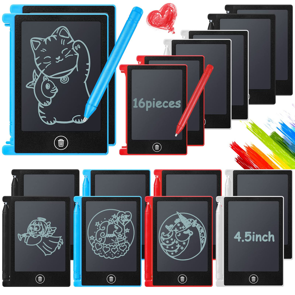 16 Pieces 4.5 Inch Mini LCD Writing Tablet for Kids Electronic Doodle Board Colorful Drawing Tablet Bulk Erasable Writing Pad Reusable Learning Gift for Girls Boys Party Favor