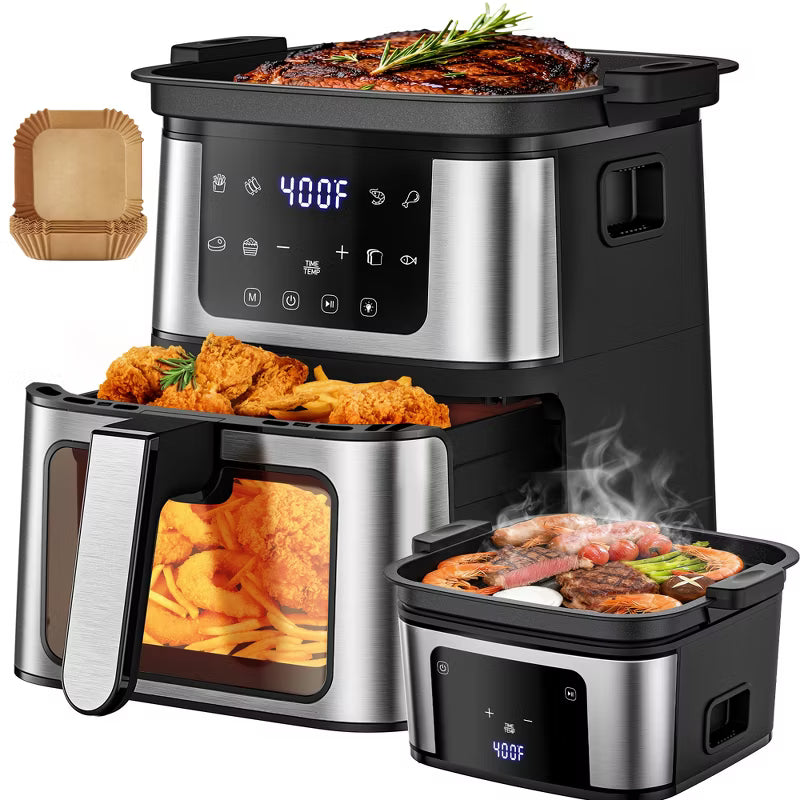 2-in-1 Air Fryer Grill Combo, Indoor Grill for Fries, 7.5 QT Capacity, 8 Digital Presets, Low-Oil Healthy Cooking, Clear Window