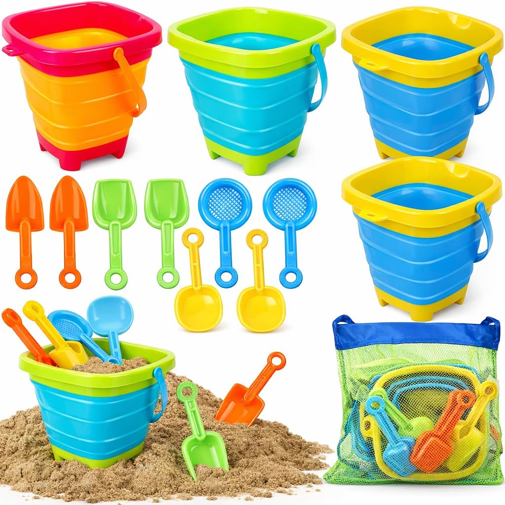 Collapsible Beach Toys for Kids with 4 Silicone Collapsible Sand Buckets & 8 Shovels & Mesh Bag, Travel Beach Essentials for Kids Sand Toys Toddlers, Sandbox Toys for Boys Girls Ages 3-5 4-8