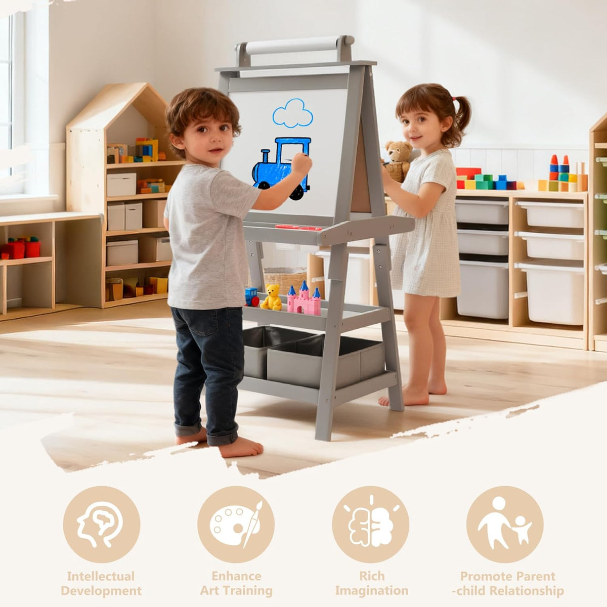 3 in 1 Kids Art Easel w/Storage, Double-Sided Magnetic Whiteboard & Chalkboard, Dry-Erase Board w/Paper Roller, Toddler Children Standing Easel for Painting & Drawing, Accessories(Grey)