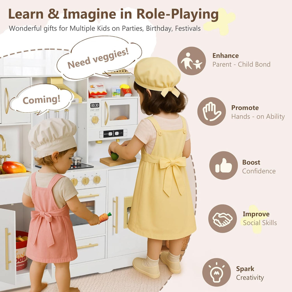 Wooden Kids Play Kitchen, Toy Kitchen Playset for Toddler, Play Kitchen Set w/Real Sounds, Pretend Coffee Machine, Kitchen Hood, Sink, Ice Maker, Gift for Boys Girls Age 3+, White