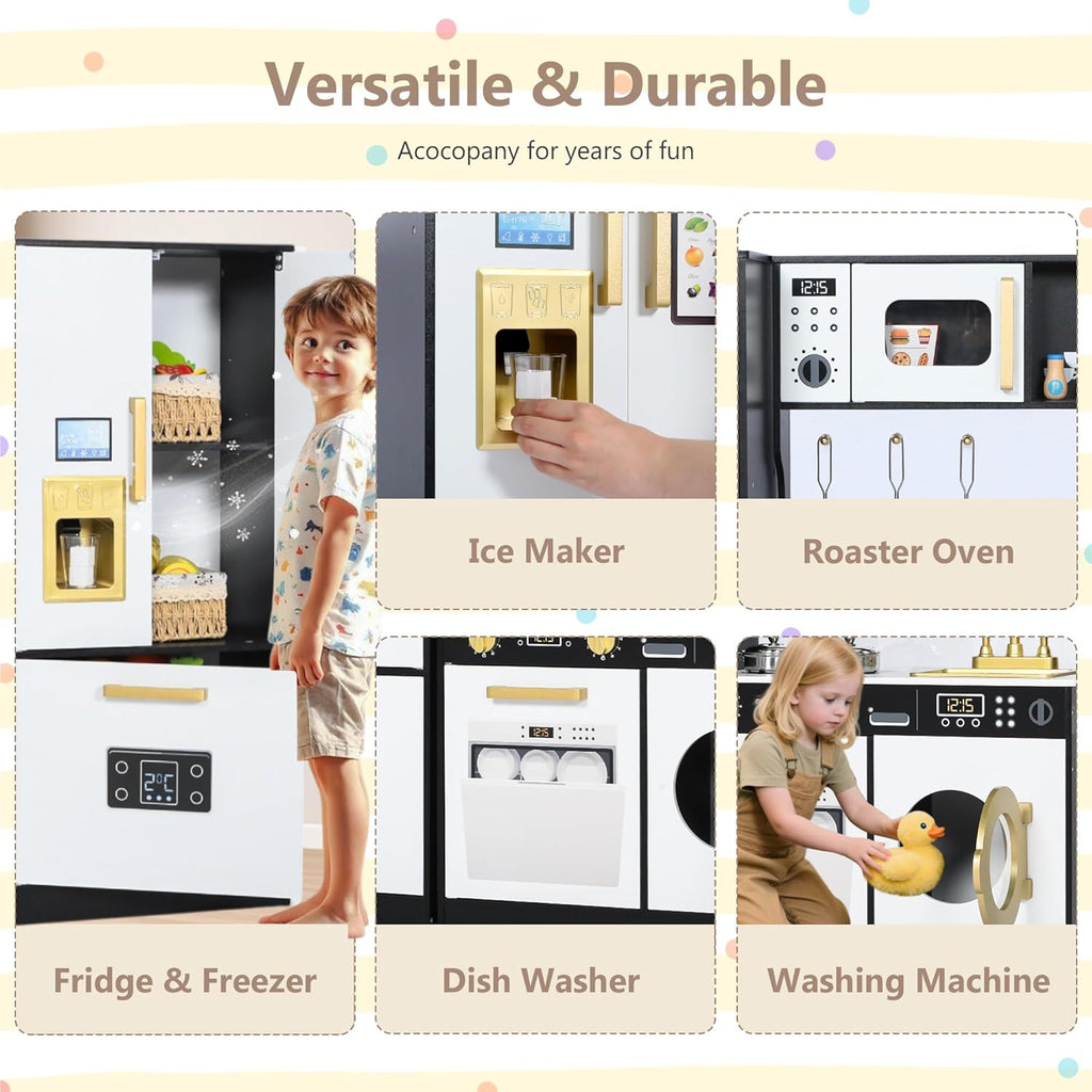 Wooden Kids Play Kitchen, Toy Kitchen Playset for Toddler, Play Kitchen Set w/Transparent Coloring Board, Pretend Fridge, Washing Machine, Ice Maker, Gift for Boys Girls Age 3+, Black