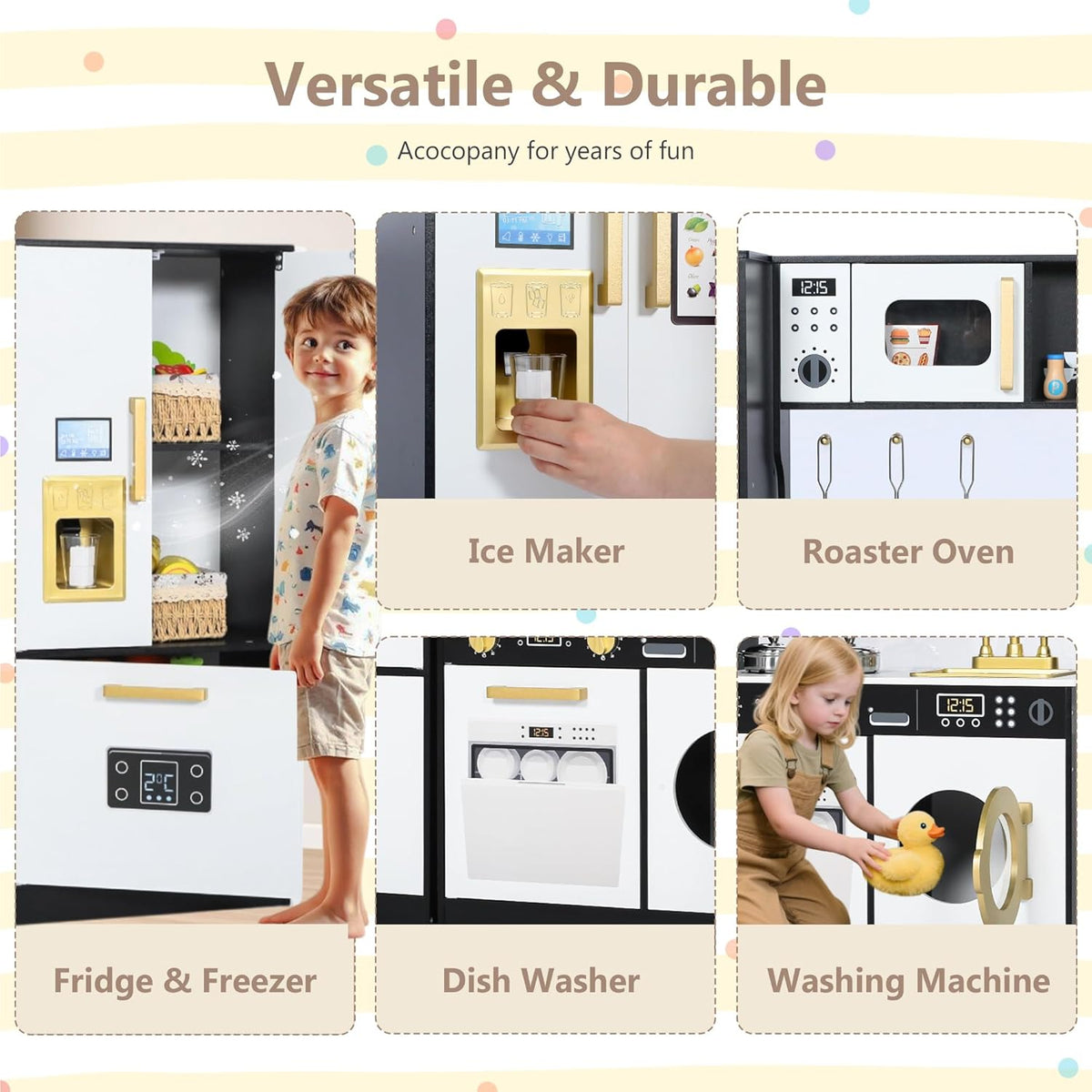 Wooden Kids Play Kitchen, Toy Kitchen Playset for Toddler, Play Kitchen Set w/Transparent Coloring Board, Pretend Fridge, Washing Machine, Ice Maker, Gift for Boys Girls Age 3+, Black