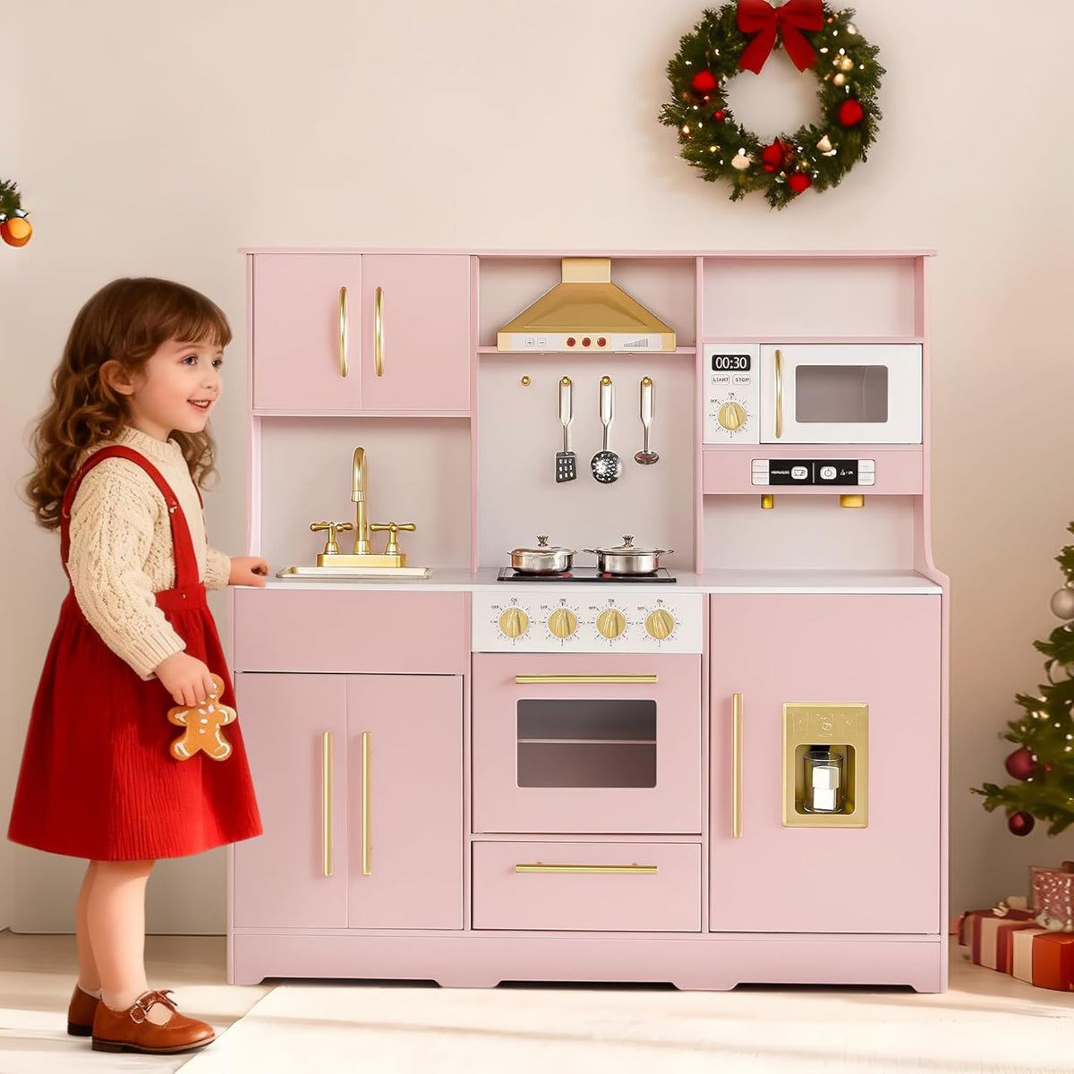 Wooden Kids Play Kitchen, Toy Kitchen Playset for Toddler, Play Kitchen Set w/Real Sounds, Pretend Coffee Machine, Kitchen Hood, Sink, Ice Maker, Gift for Boys Girls Age 3+, Pink