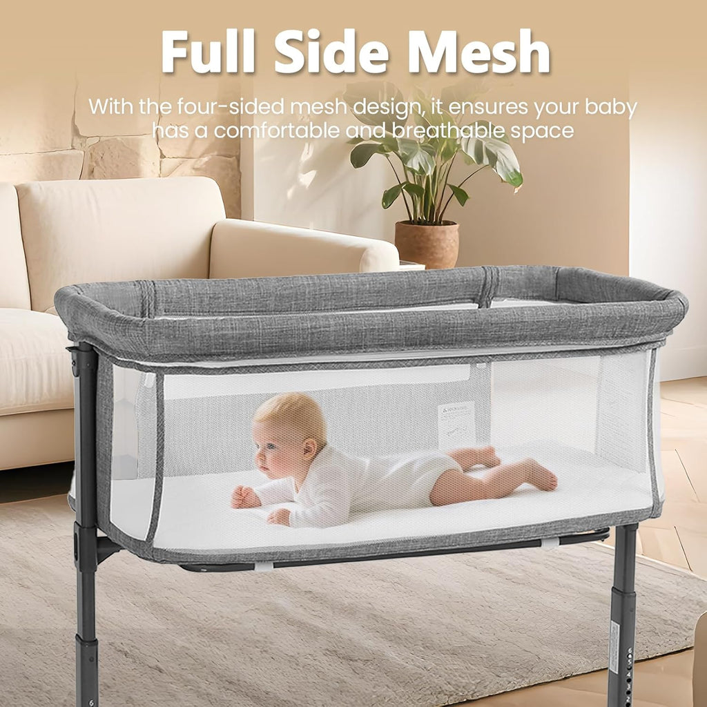 Baby Bassinet Bedside Sleeper, Newborn Baby Bedside Crib w/Wheels, All-Sided Mesh, Adjustable Height, Removable Soft Mattress, No Tool to Assemble, Grey