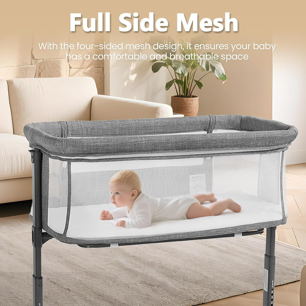 Baby Bassinet Bedside Sleeper, Newborn Baby Bedside Crib w/Wheels, All-Sided Mesh, Adjustable Height, Removable Soft Mattress, No Tool to Assemble, Grey