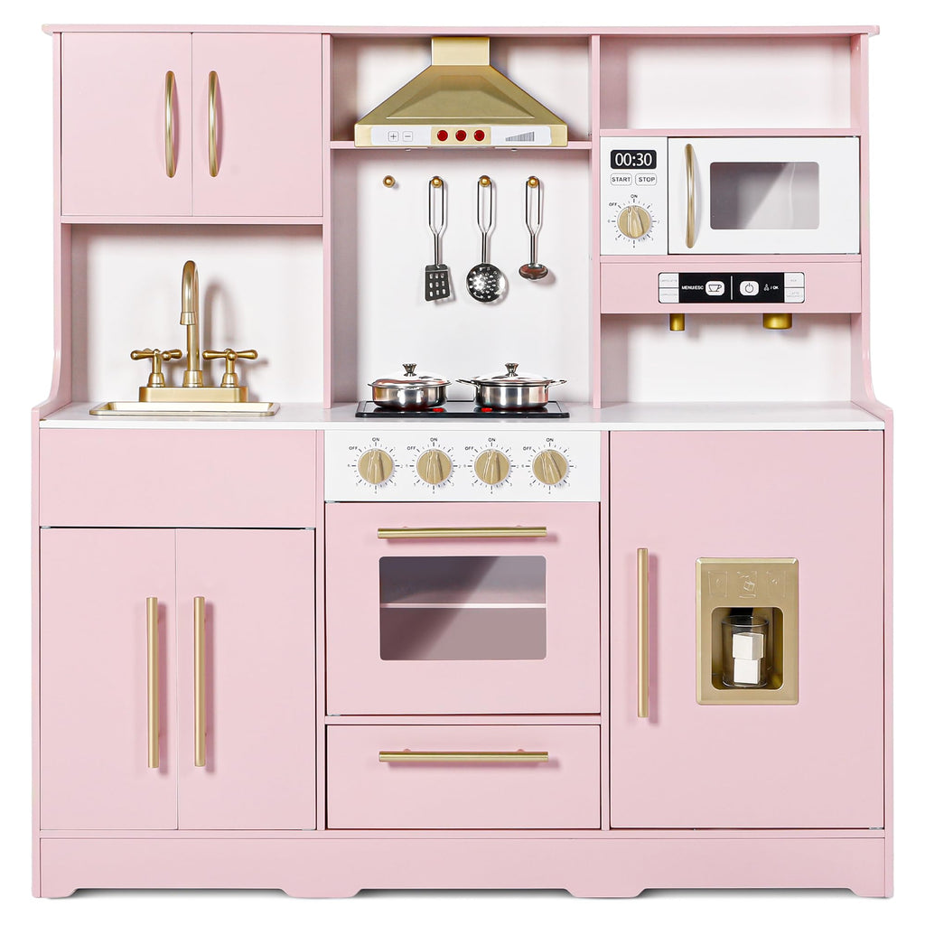 Wooden Kids Play Kitchen, Toy Kitchen Playset for Toddler, Play Kitchen Set w/Real Sounds, Pretend Coffee Machine, Kitchen Hood, Sink, Ice Maker, Gift for Boys Girls Age 3+, Pink