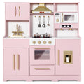 Wooden Kids Play Kitchen, Toy Kitchen Playset for Toddler, Play Kitchen Set w/Real Sounds, Pretend Coffee Machine, Kitchen Hood, Sink, Ice Maker, Gift for Boys Girls Age 3+, Pink