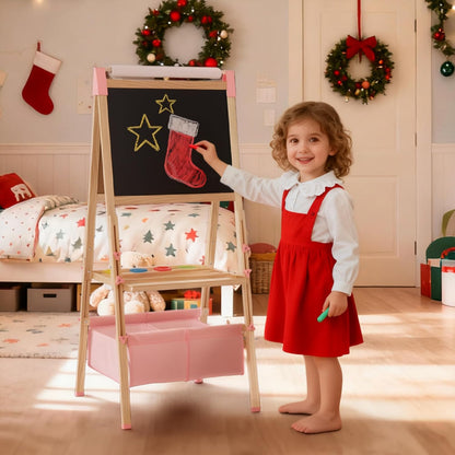 Kinder King 3 in 1 Wooden Kids Easel, Adjustable Art Easel for Kids, Double-Sided Magnetic Whiteboard & Chalkboard, Paper Roller, Art Supplies, Coloring Drawing Easel Toddler Gift Ages 3+, Pink