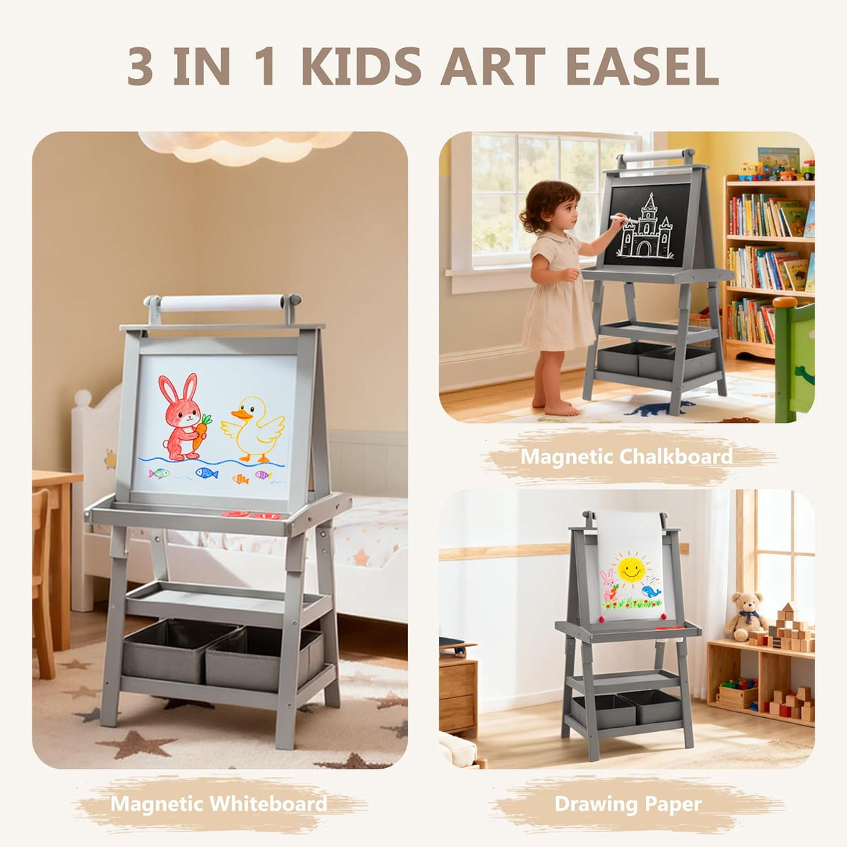 3 in 1 Kids Art Easel w/Storage, Double-Sided Magnetic Whiteboard & Chalkboard, Dry-Erase Board w/Paper Roller, Toddler Children Standing Easel for Painting & Drawing, Accessories(Grey)
