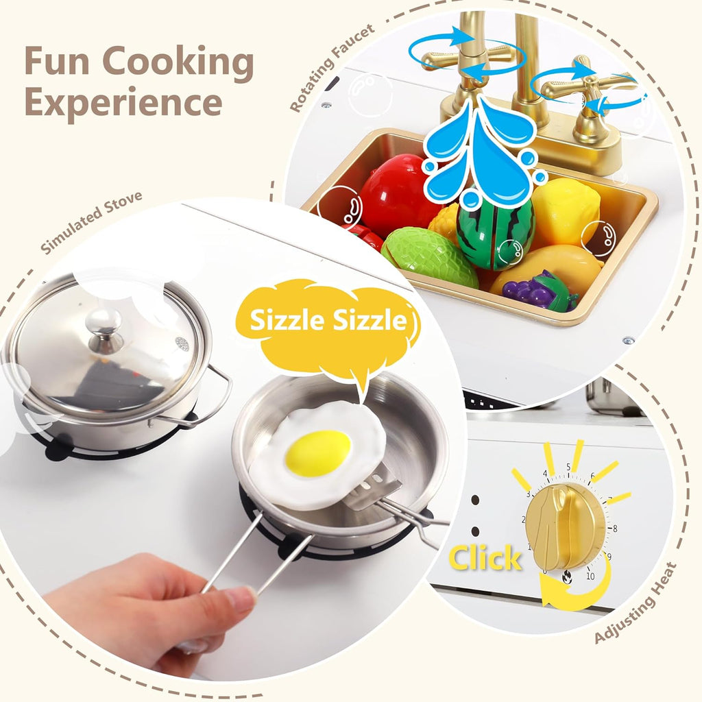 Wooden Kids Play Kitchen, Toy Kitchen Playset for Toddler, Play Kitchen Set w/Blackboard, Transparent Coloring Board, Pretend Dishwasher, Oven, Ice Maker, Gift for Boys Girls Age 3+, White