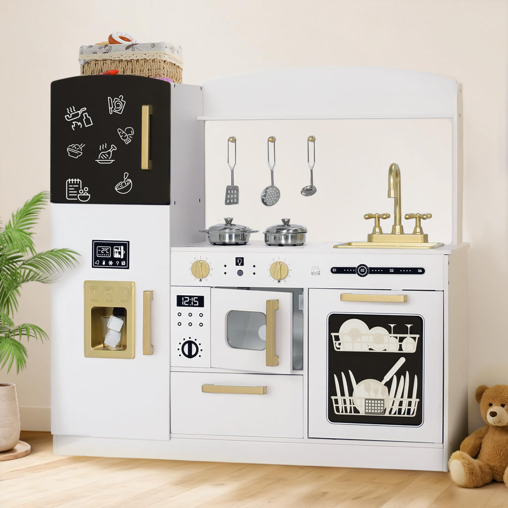 Wooden Kids Play Kitchen, Toy Kitchen Playset for Toddler, Play Kitchen Set w/Blackboard, Transparent Coloring Board, Pretend Dishwasher, Oven, Ice Maker, Gift for Boys Girls Age 3+, White