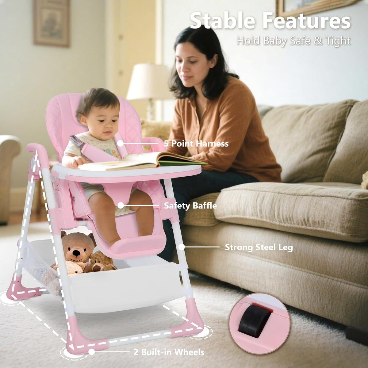 Kinder King Convertible Baby High Chair, Adjustable Feeding Chair for Babies and Toddlers with Removable Double Tray, Simple Compact Fold for Space-Saving, 2 Built-in Wheels, Easy to Clean, Pink