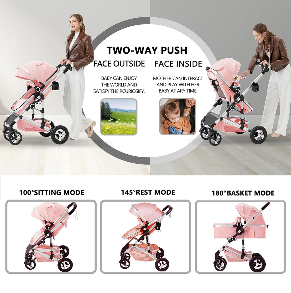 Kinder King 2 in 1 Convertible Baby Stroller, Folding High Landscape Infant Carriage, Newborn Reversible Pram, Adjustable Canopy, Diaper Bag, Pink