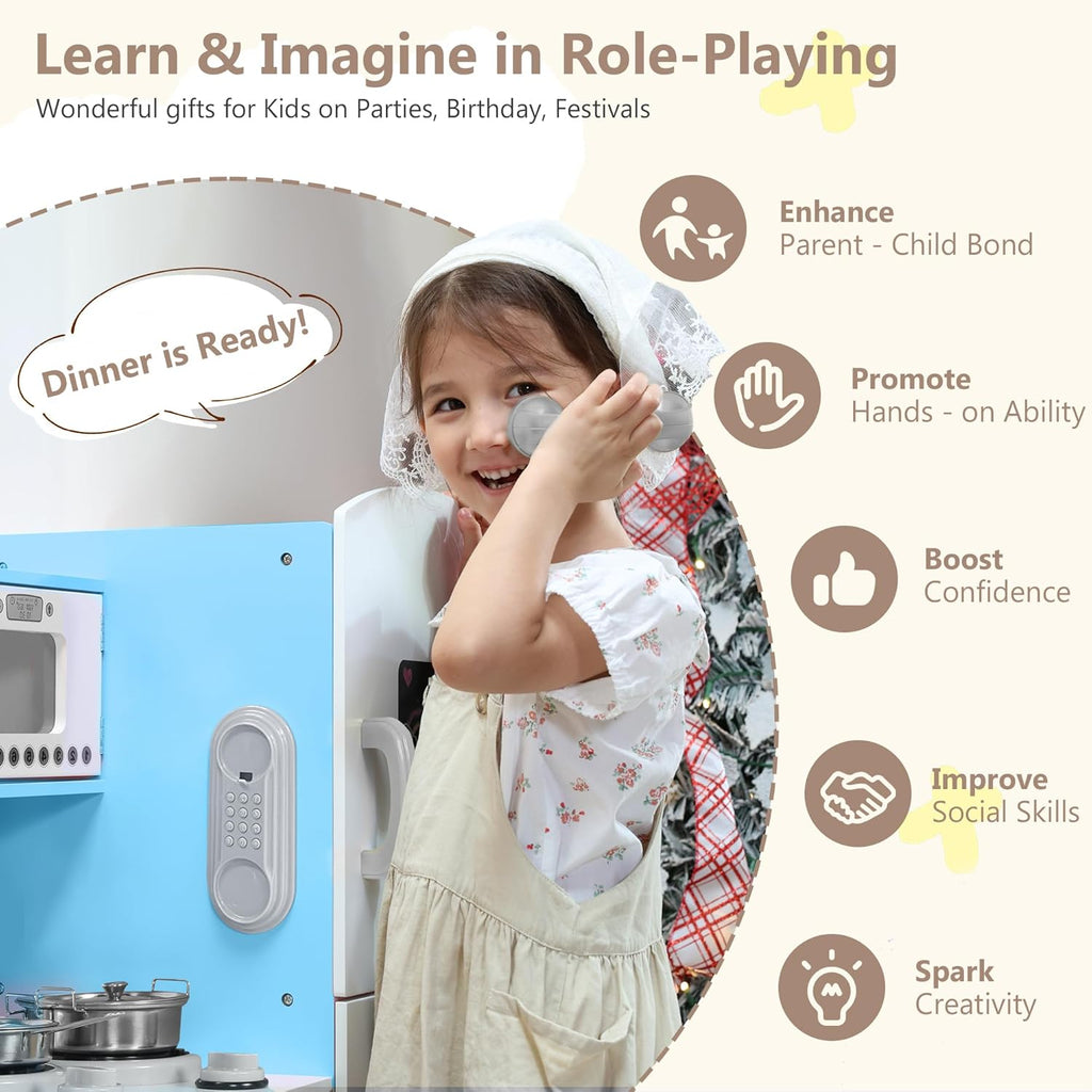 Wooden Kids Play Kitchen, Toy Kitchen Playset for Toddler, Pretend Oven, Microwave, Telephone, Chalkboard, Interactive Doors, Knobs, Realistic Kitchen Sets for Boys Girls Age 3+, Blue