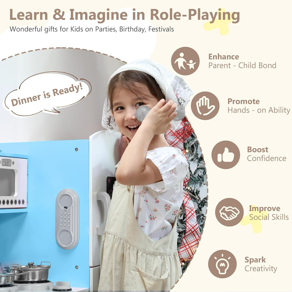 Wooden Kids Play Kitchen, Toy Kitchen Playset for Toddler, Pretend Oven, Microwave, Telephone, Chalkboard, Interactive Doors, Knobs, Realistic Kitchen Sets for Boys Girls Age 3+, Blue