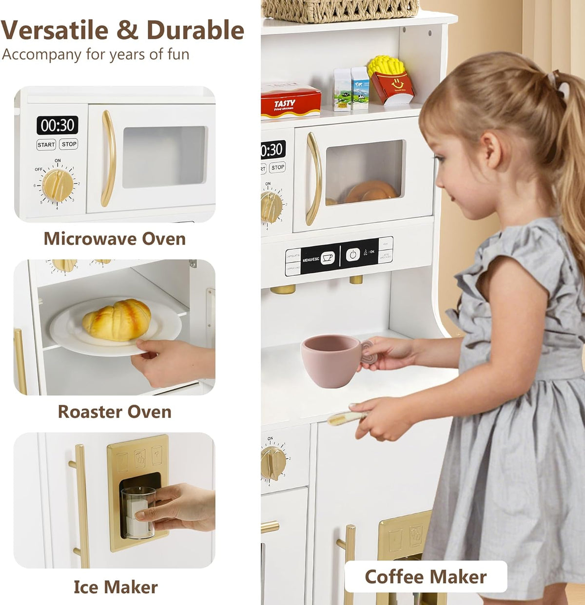 Wooden Kids Play Kitchen, Toy Kitchen Playset for Toddler, Play Kitchen Set w/Real Sounds, Pretend Coffee Machine, Kitchen Hood, Sink, Ice Maker, Gift for Boys Girls Age 3+, White
