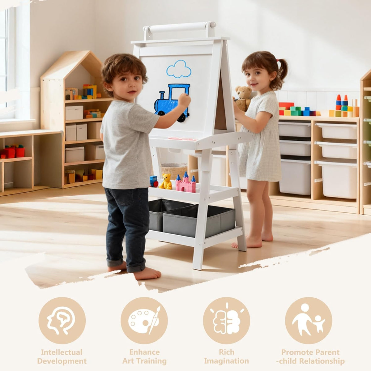 3 in 1 Kids Art Easel w/Storage, Double-Sided Magnetic Whiteboard & Chalkboard, Dry-Erase Board w/Paper Roller, Toddler Children Standing Easel for Painting & Drawing, Accessories, White
